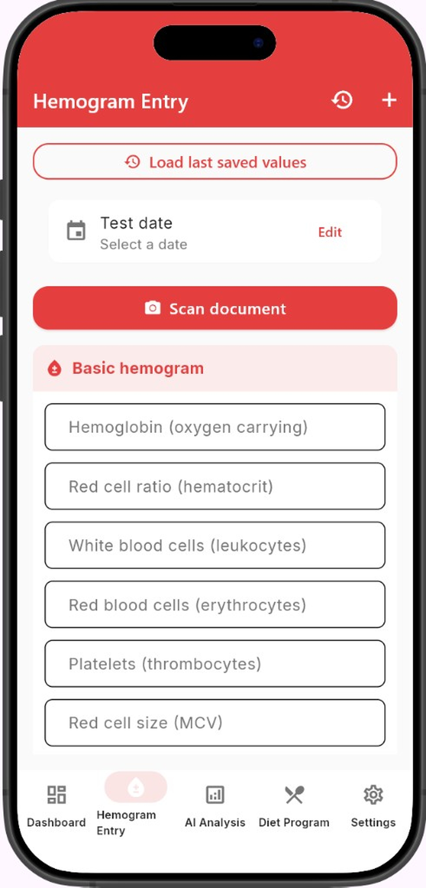 HemoAI hemogram entry screen preview