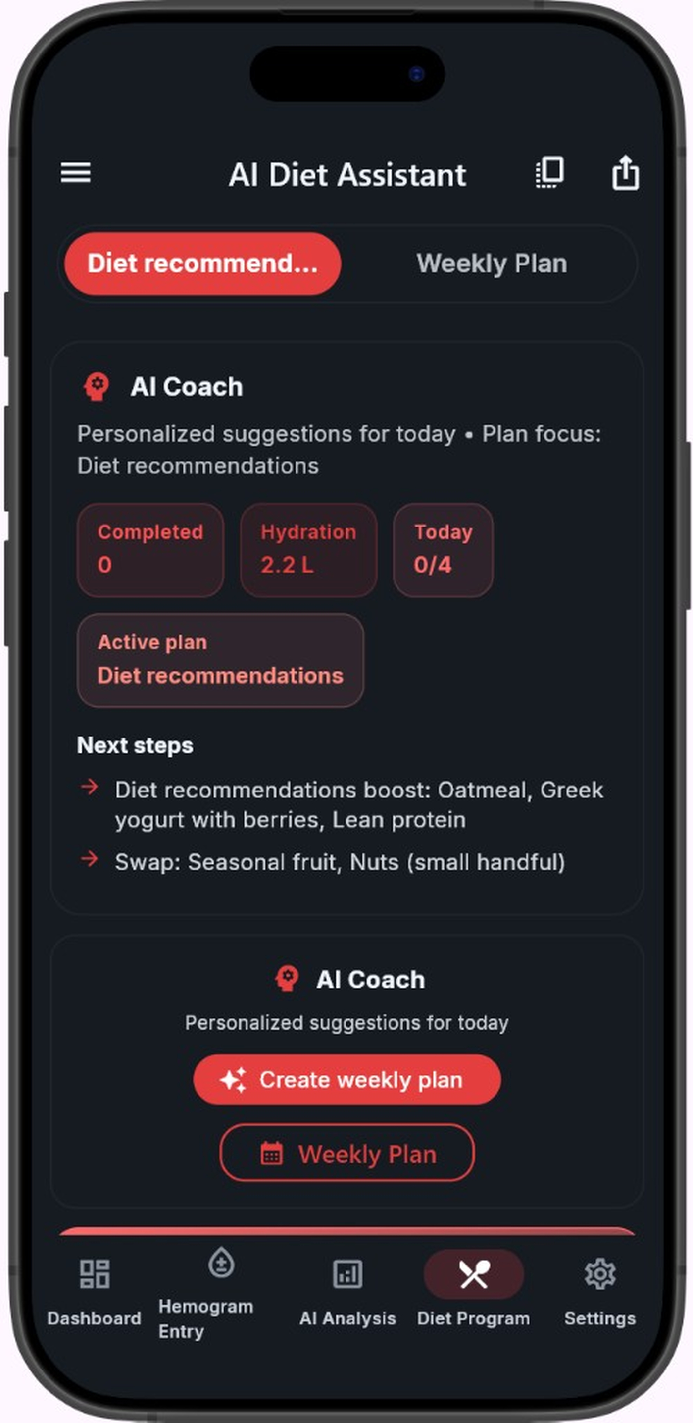 HemoAI AI diet assistant screen
