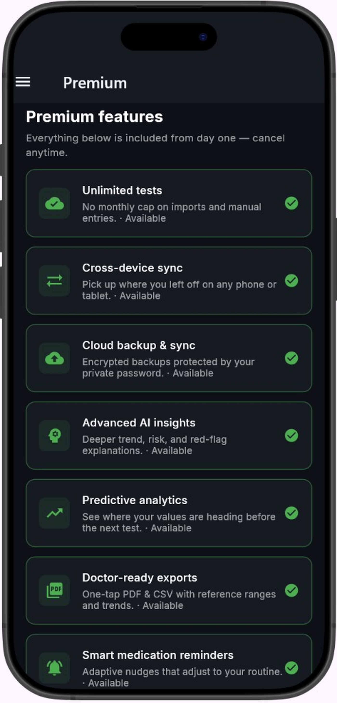 HemoAI premium features screen